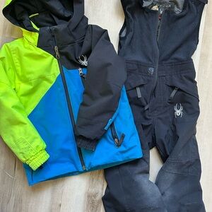 Spyder Kids Neon Green, Blue & Black Colorblock Ski Jacket with Black Bibs